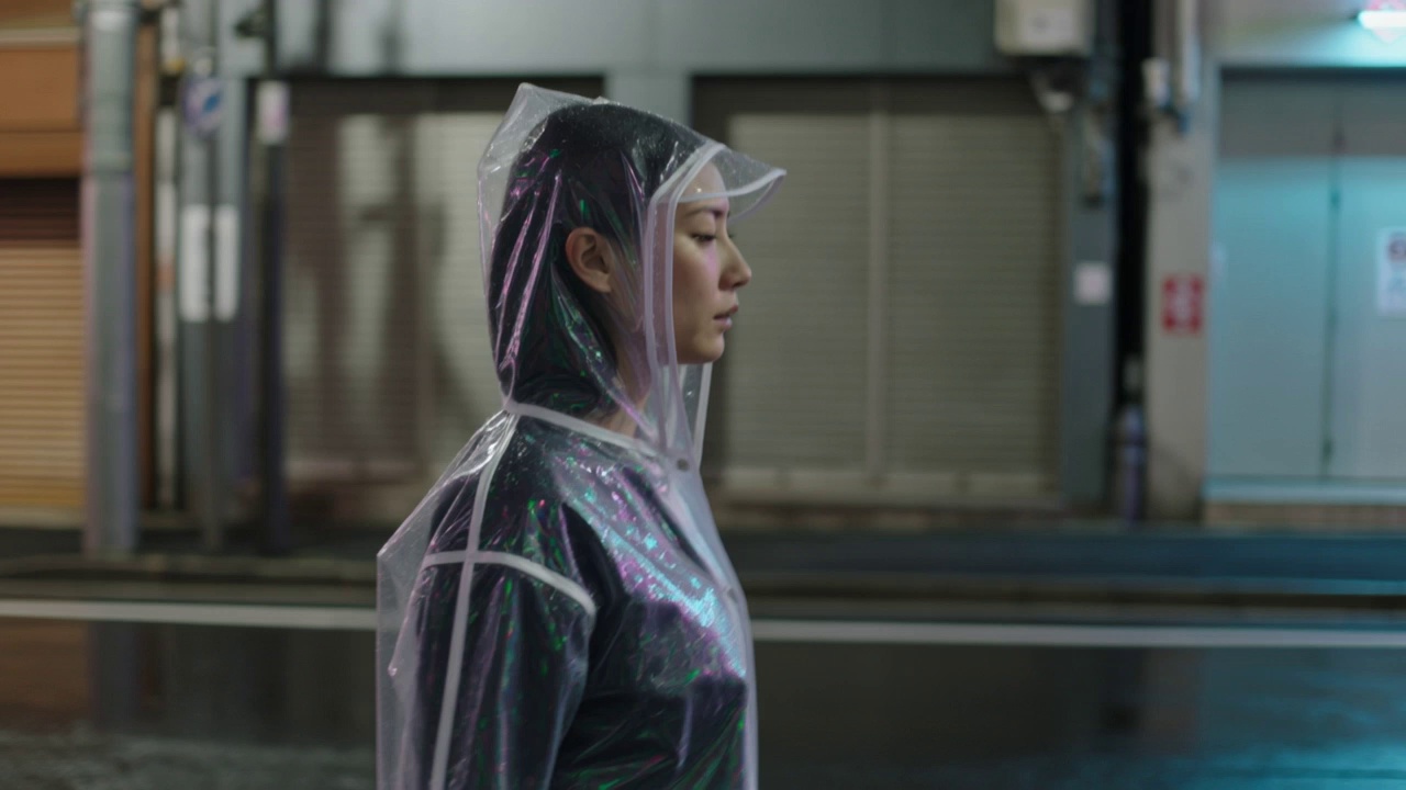 A young woman in a translucent holographic raincoat walking through a rain-slicked Tokyo side street at night. She moves with a rhythmic, steady gait while her coat catches and refracts the flickering neon light from overhead signs. The camera performs a smooth tracking shot alongside her at eye level, maintaining a consistent side profile as the background architecture blurs into a kaleidoscope of colors. The lighting is dominated by high-contrast cyan and magenta neon glows reflecting off wet asphalt, creating a vibrant cyberpunk atmosphere. Shot with an anamorphic lens, featuring a shallow depth of field with rich hexagonal bokeh and subtle film grain.