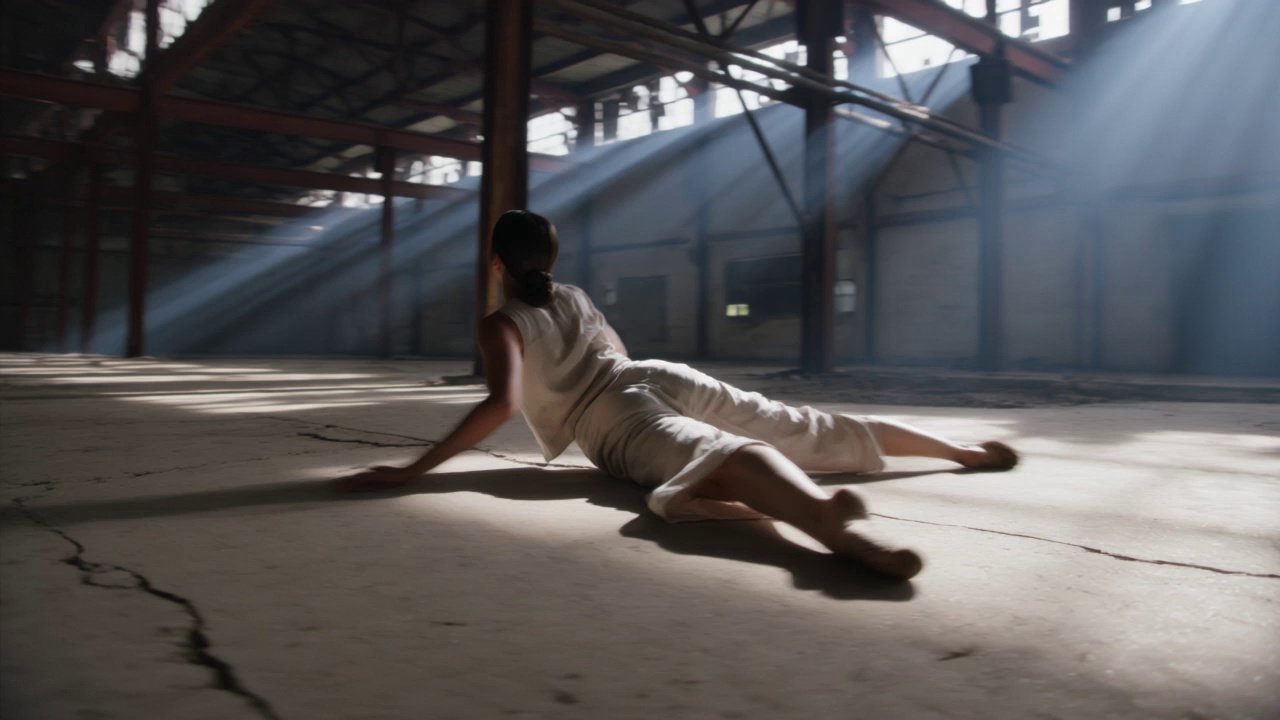 A contemporary dancer in flowing linen attire performing fluid floor-to-standing transitions and sharp pirouettes within a cavernous, industrial abandoned warehouse featuring rusted beams and cracked concrete. The camera executes a dynamic 360-degree orbital tracking shot around the subject, capturing the rhythmic ripple of fabric. Volumetric light rays stream through high, broken windows, creating high-contrast chiaroscuro lighting with visible swirling dust motes. Cinematic 4K resolution, slow-motion 60fps playback, shallow depth of field with sharp focus on the dancer's expressive movements against a softly blurred, gritty industrial backdrop.