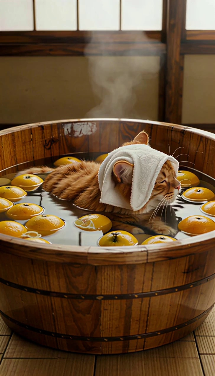 A candid photograph of a chubby ginger tabby cat deeply relaxed and soaking in a traditional Japanese wooden tub filled with countless floating yellow yuzu fruits. The kitty cat has its eyes closed in bliss, melting into the warm water, with a small white folded towel on its head. Gentle steam rises. Warm, soft natural light filters through a traditional window. Cozy, heartwarming atmosphere, serene. Film grain, highly detailed texture of fur and water. 