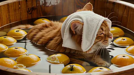 A candid photograph of a chubby ginger tabby cat deeply relaxed and soaking in a traditional Japanese wooden tub filled with countless floating yellow yuzu fruits. The kitty cat has its eyes closed in bliss, melting into the warm water, with a small white folded towel on its head. Gentle steam rises. Warm, soft natural light filters through a traditional window. Cozy, heartwarming atmosphere, serene. Film grain, highly detailed texture of fur and water. 