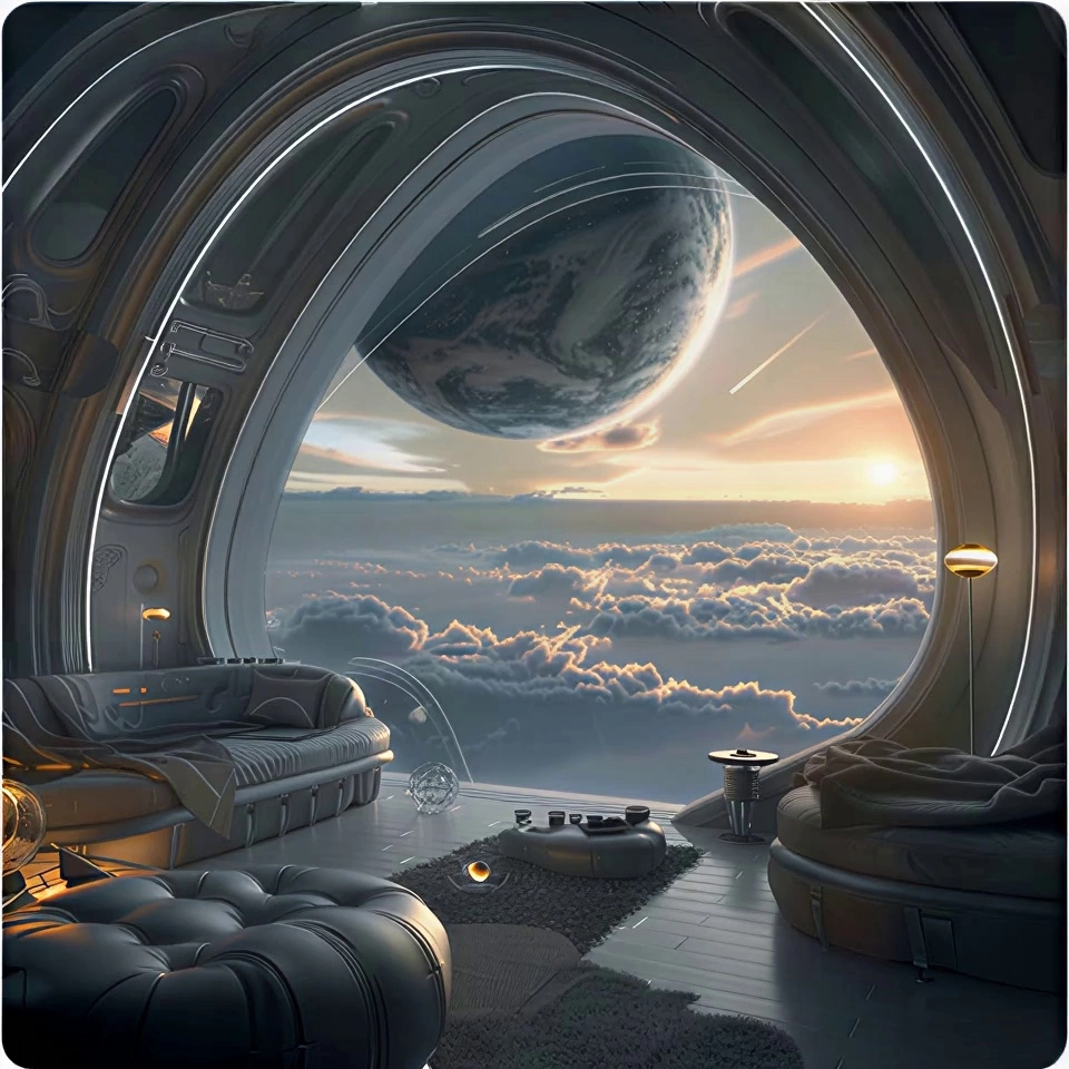https://s.mj.run/ymiKGXW-z84 futuristic orbital living room interior, elegant spacefaring habitat with sweeping arched panoramic window, vast luminous planet filling the sky, layered moons, glowing atmospheric bands, soft billowing cloud ocean below, ethereal horizon light preserve original composition, architecture, furniture placement, scale, and mood, same viewpoint and framing, same dainty and intimate design language slightly brighter exposure for print, lifted midtones, richer color saturation without exaggeration, enhanced blues, teals, and warm gold highlights, pearlescent reflections, subtle neon accents, soft cinematic glow volumetric sunlight diffused through clouds, gentle bloom, high dynamic range, no crushed blacks, no harsh contrast, no overexposure poetic, serene, imaginative, cinematic sci-fi realism, futuristic luxury, contemplative atmosphere, ultra-detailed textures, believable materials epic sci-fi concept art, cinematic matte painting, octane render quality, unreal engine realism, filmic color grading