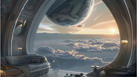 https://s.mj.run/ymiKGXW-z84 futuristic orbital living room interior, elegant spacefaring habitat with sweeping arched panoramic window, vast luminous planet filling the sky, layered moons, glowing atmospheric bands, soft billowing cloud ocean below, ethereal horizon light preserve original composition, architecture, furniture placement, scale, and mood, same viewpoint and framing, same dainty and intimate design language slightly brighter exposure for print, lifted midtones, richer color saturation without exaggeration, enhanced blues, teals, and warm gold highlights, pearlescent reflections, subtle neon accents, soft cinematic glow volumetric sunlight diffused through clouds, gentle bloom, high dynamic range, no crushed blacks, no harsh contrast, no overexposure poetic, serene, imaginative, cinematic sci-fi realism, futuristic luxury, contemplative atmosphere, ultra-detailed textures, believable materials epic sci-fi concept art, cinematic matte painting, octane render quality, unreal engine realism, filmic color grading