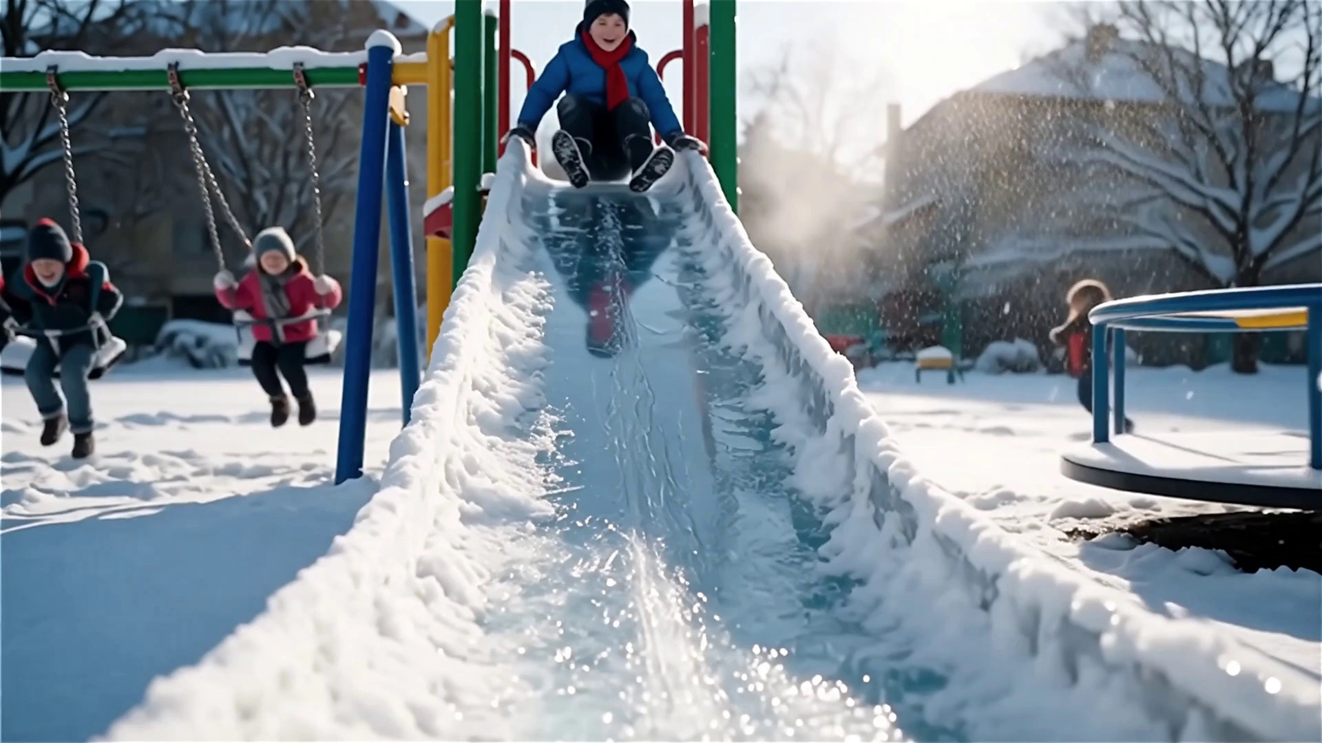  In the snow-covered children's park during winter, many play equipment were in use, and several children were playing. Sunlight shone on the gleaming ice slide, making it sparkle and reflect light, surrounded by a thick blanket of white snow. The camera focused on a young British boy, dressed in a blue down jacket, red scarf, snow boots, and woolen gloves, excitedly sliding down the ice slide. He laughed and shouted, "Wow! This slide is super slippery!" He leaned forward slightly and slid down the ice slide quickly, the soft crunch of the ice and the reflection of the snow highlighting his movements. Reaching the bottom, he crouched down, patted the snow he had slid down, and exclaimed excitedly, "So fun!"