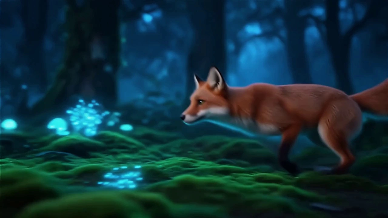 glowing blue fox runs across a bioluminescent forest at night. Mushrooms pulse with soft light as particles float in the air. The camera follows close behind the fox, weaving between trees. Magical atmosphere, vibrant colors, fantasy cinematic style, sense of wonder and discovery