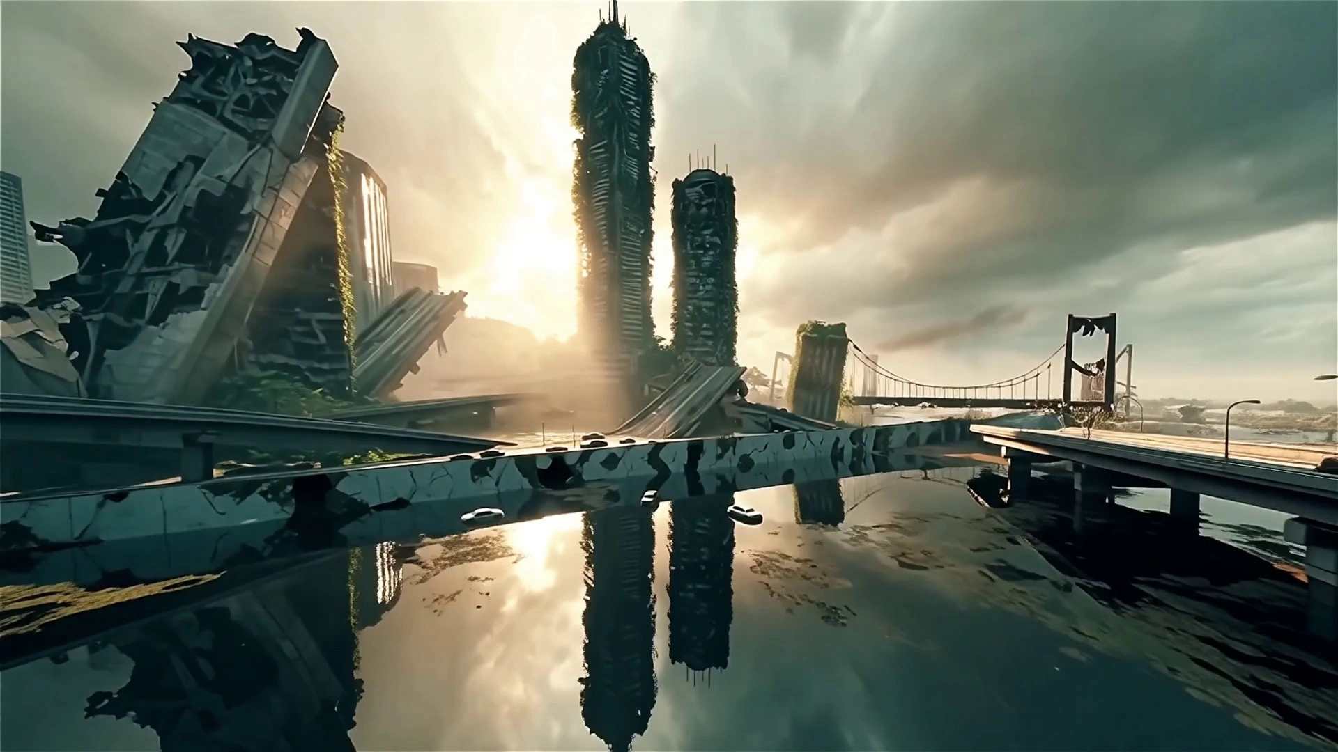 Extremely fast paced cinematic FPV flying through a post apocalyptic world reclaimed by nature, showcasing collapsed megastructures, overgrown skyscrapers, rusted bridges, abandoned vehicles, flooded streets, broken highways, and ruined industrial zones, with dynamic low altitude fly throughs, sharp turns, dives, and accelerations, ultra realistic lighting, natural dust, fog, and atmospheric haze, cinematic depth of field, high contrast color grading, dramatic sunrays breaking through clouds, realistic decay textures, epic scale destruction, immersive motion, smooth camera stabilization, and a powerful cinematic aesthetic