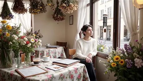 character1 is sitting in a café that is full of flowers.