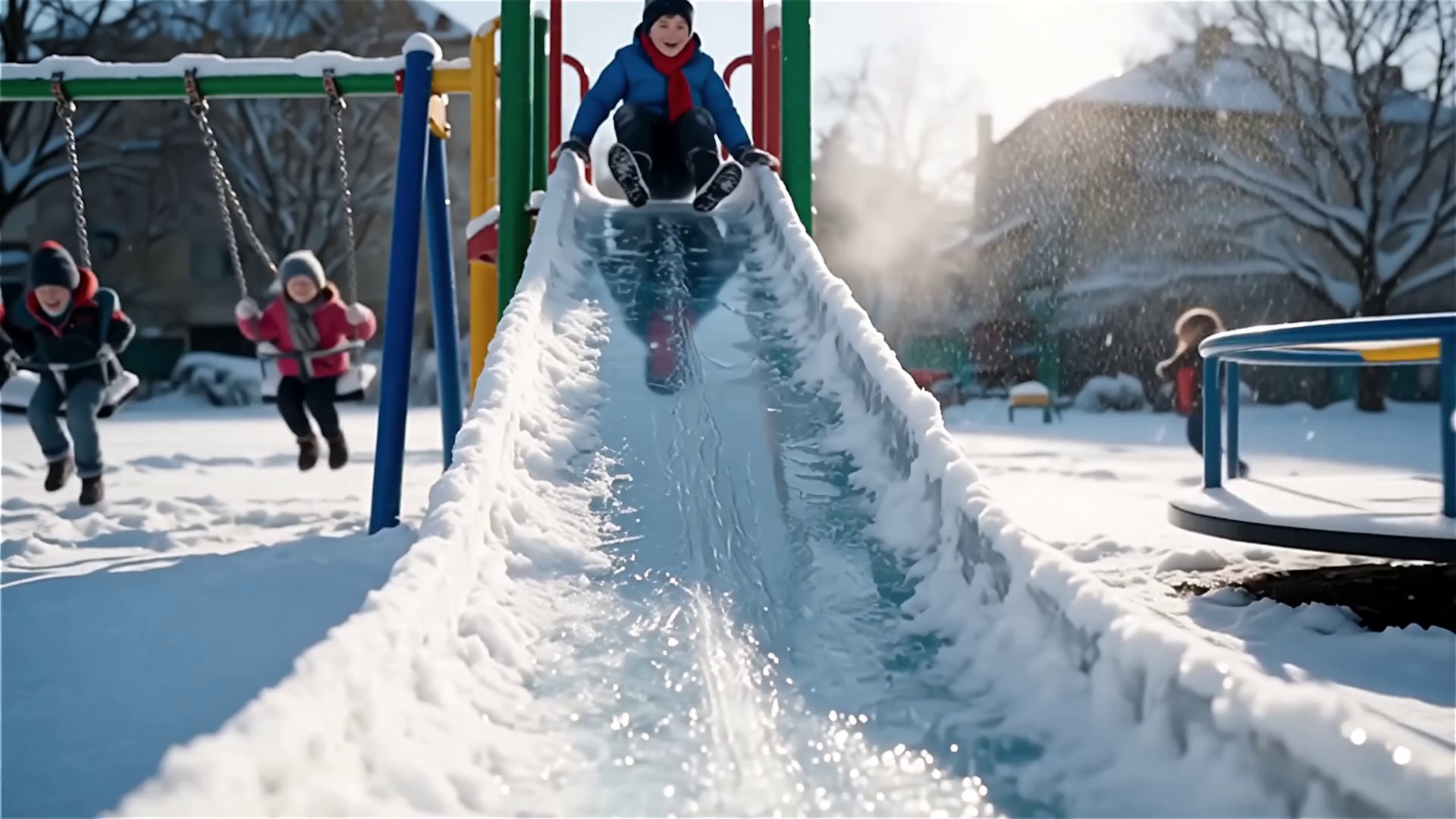 In the snow-covered children's park during winter, many play equipment were in use, and several children were playing. Sunlight shone on the gleaming ice slide, making it sparkle and reflect light, surrounded by a thick blanket of white snow. The camera focused on a young British boy, dressed in a blue down jacket, red scarf, snow boots, and woolen gloves, excitedly sliding down the ice slide. He laughed and shouted, "Wow! This slide is super slippery!" He leaned forward slightly and slid down the ice slide quickly, the soft crunch of the ice and the reflection of the snow highlighting his movements. Reaching the bottom, he crouched down, patted the snow he had slid down, and exclaimed excitedly, "So fun!"