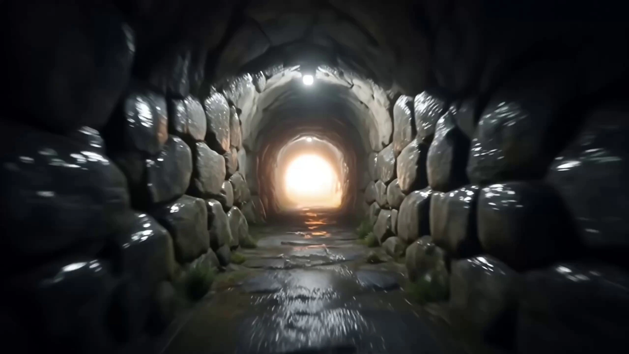 A highly cinematic 10-second shot.[0–3 seconds]
A first-person POV camera rapidly pushes forward, gliding through a cold, dark stone tunnel, racing toward a bright exit ahead. The environment feels damp and shadowy. In the background audio, the sound of a woman’s heavy breathing while running can be heard.

[3–5 seconds]
The camera transitions smoothly and seamlessly into a breathtaking, fresh, lush natural forest. A crystal-clear waterfall cascades down rocky cliffs. The meadow is covered with vibrant wildflowers, and several elegant deer graze calmly on the grass. Warm golden sunlight filters through the tree canopy, illuminating soft green grass below.

[Final 5 seconds]
The shot cuts to a medium full-body shot of a young woman. Her face is filled with awe and wonder, her mouth slightly open, deeply overwhelmed by the beauty before her, almost breathless. The camera then rapidly and fluidly rotates 360 degrees around her, revealing the vast, sunlit forest in all its grandeur.
Ultra-realistic, 8K resolution, natural lighting, no glowing plants, natural color palette, cinematic masterpiece.