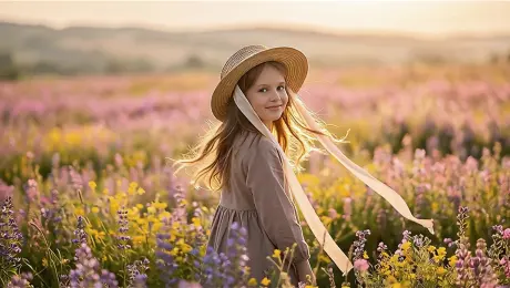 A cinematic orbital shot, the camera smoothly rotates around the girl in the straw hat, revealing a 360-degree panoramic view of the vast, endless wildflower sea. Her long silk ribbons and hair flutter elegantly in the wind as the camera moves. The flowers sway like ocean waves, creating a strong sense of spatial depth and parallax. Soft golden hour sunlight creates a breathing light effect, with gentle lens flares. High aesthetic, ethereal atmosphere, masterpiece, 4k, slow motion.