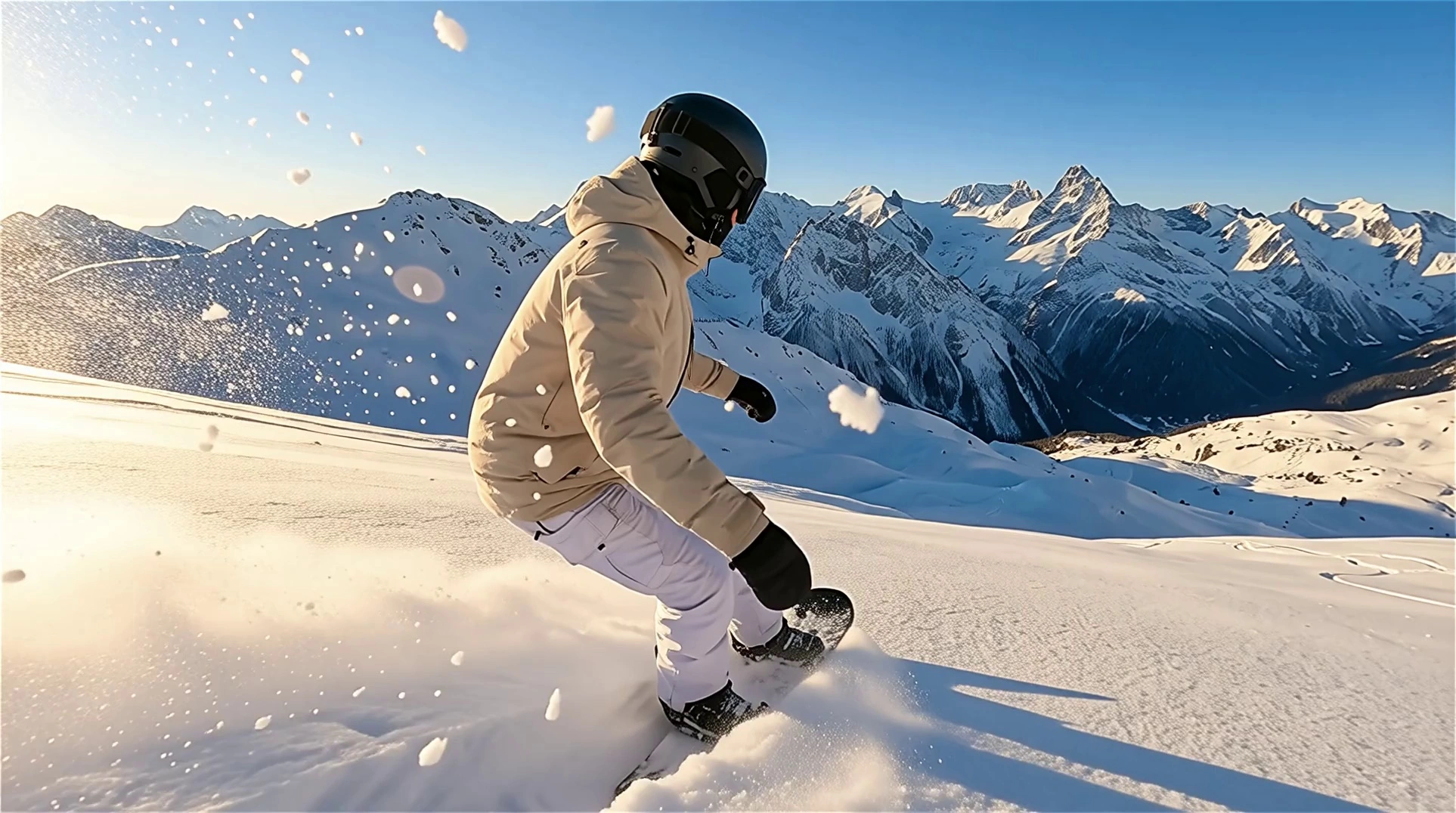 a snowboarder is riding down the mountain, with sunlight shining on them and mountains in the background. the entire scene gives people an immersive feeling of being there, with a high-definition photography style. snowflakes dance gracefully around them as they speed along, creating a stunning visual effect. it's as if you were really there. they wear a helmet for protection against falling from their board. their body is clad in light-colored that match well with the white powder, adding to the elegance of the scene.