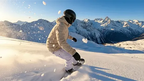 a snowboarder is riding down the mountain, with sunlight shining on them and mountains in the background. the entire scene gives people an immersive feeling of being there, with a high-definition photography style. snowflakes dance gracefully around them as they speed along, creating a stunning visual effect. it's as if you were really there. they wear a helmet for protection against falling from their board. their body is clad in light-colored that match well with the white powder, adding to the elegance of the scene.