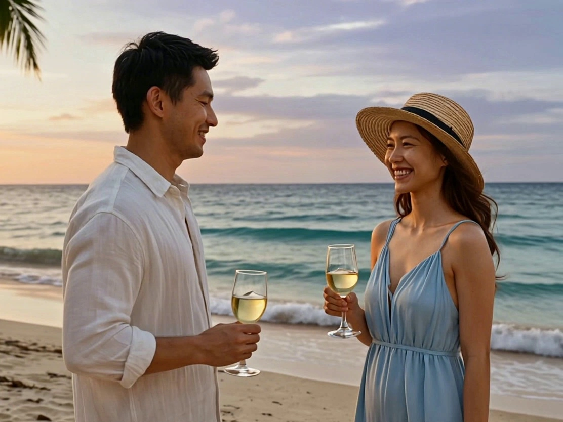 luxury vacation in Thailand, tropical island, crystal clear turquoise water, white sand beach, golden sunset, young couple raising glasses and smiling, relaxed joyful atmosphere, cinematic travel video, slow motion, warm natural light, palm trees moving gently in the wind, premium holiday vibe, ultra realistic, high quality travel footage, shallow depth of field, smooth camera movement
