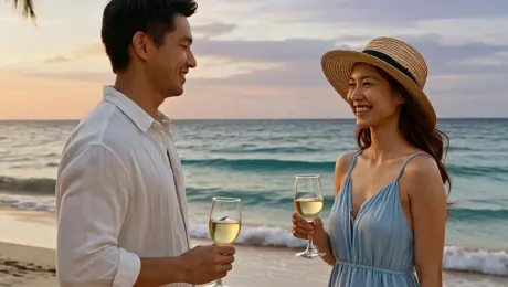 luxury vacation in Thailand, tropical island, crystal clear turquoise water, white sand beach, golden sunset, young couple raising glasses and smiling, relaxed joyful atmosphere, cinematic travel video, slow motion, warm natural light, palm trees moving gently in the wind, premium holiday vibe, ultra realistic, high quality travel footage, shallow depth of field, smooth camera movement