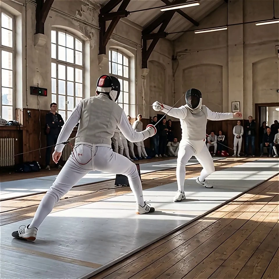 dynamic video of two professional fencers in white uniforms dueling on a metallic piste inside a bright old sports hall, sunlight streaming through tall windows onto the wooden floor and a small crowd of spectators in the background. Starting from a still mid-lunge, both fencers continue with quick footwork and agile attacks, blades clashing and flickering, with subtle handheld camera motion and realistic footsteps and metal sounds.