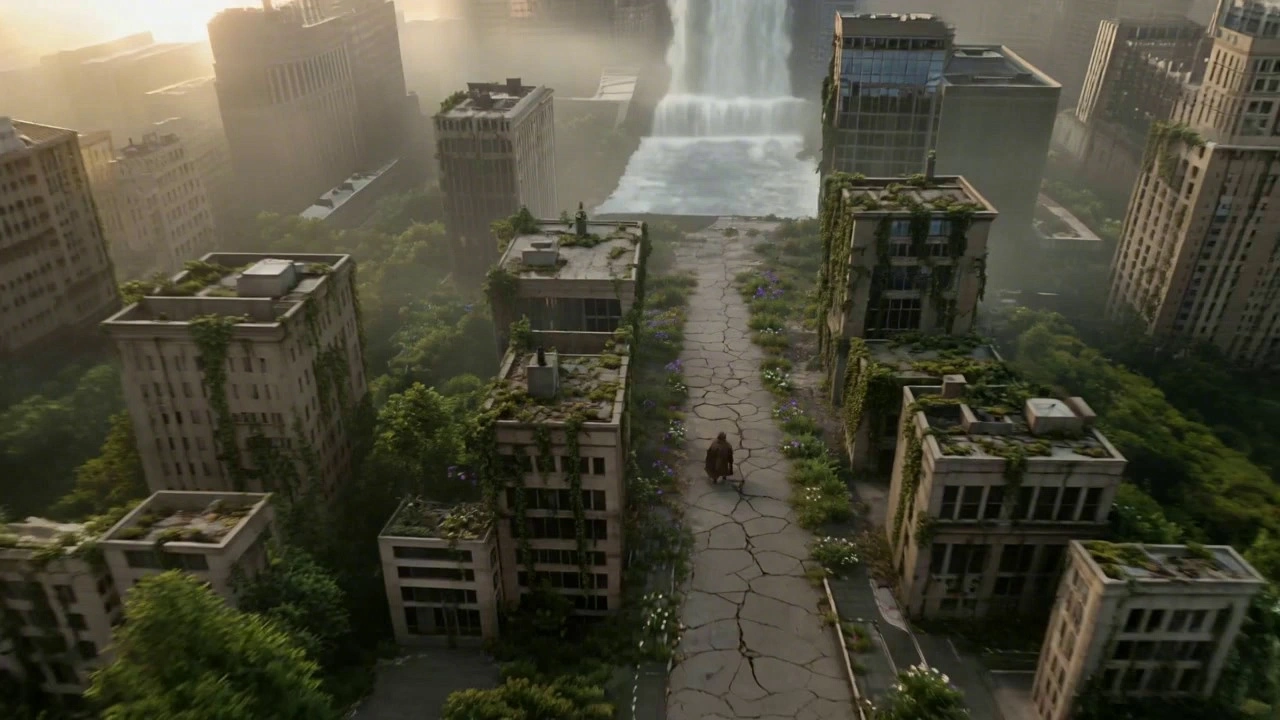 Cinematic drone shot sweeping through a post-apocalyptic New York City. Skyscrapers are draped in thick emerald vines and moss. In the middle of a cracked street where wildflowers grow, a mysterious figure in a tattered, dark-brown hooded cloak walks slowly away from the camera toward the horizon. The fabric of the cloak billows and ripples realistically in the wind. In the background, a massive waterfall cascades from the broken roof of a skyscraper. Golden hour lighting casting long shadows, volumetric fog, epic scale, hyper-detailed environment, "The Last of Us" aesthetic.