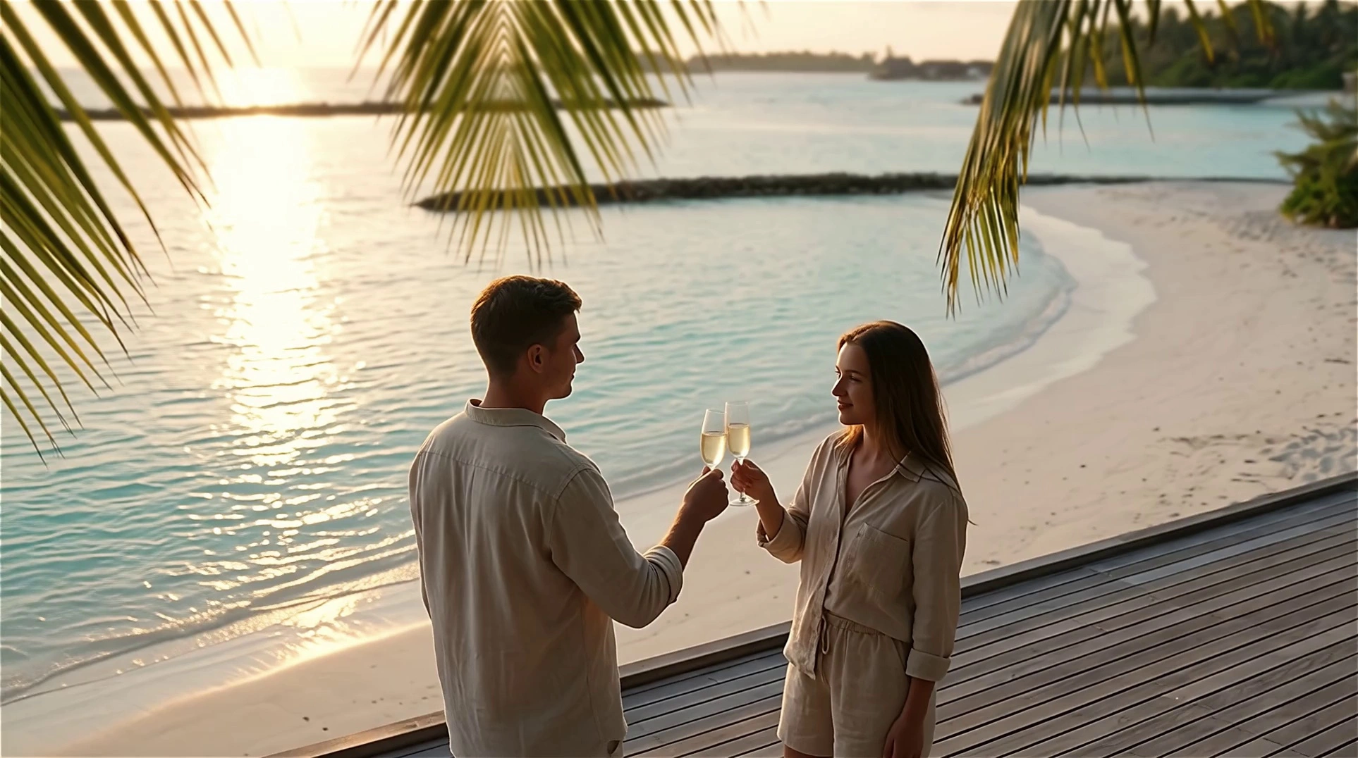 A cinematic wide shot of a romantic couple in beige linen outfits standing on a wooden deck at a tropical beach. They are smiling and gently clinking their champagne flutes together in a toast. The camera slowly and smoothly dollies in, moving past the couple's shoulders. As the couple fades into the foreground, the focus shifts to the breathtaking horizon where a giant golden sun is setting. The turquoise ocean water is covered in brilliant, dancing golden sparkles (shimmering bokeh). Warm golden hour lighting, lens flare, high dynamic range, 8k, photorealistic, serene atmosphere.