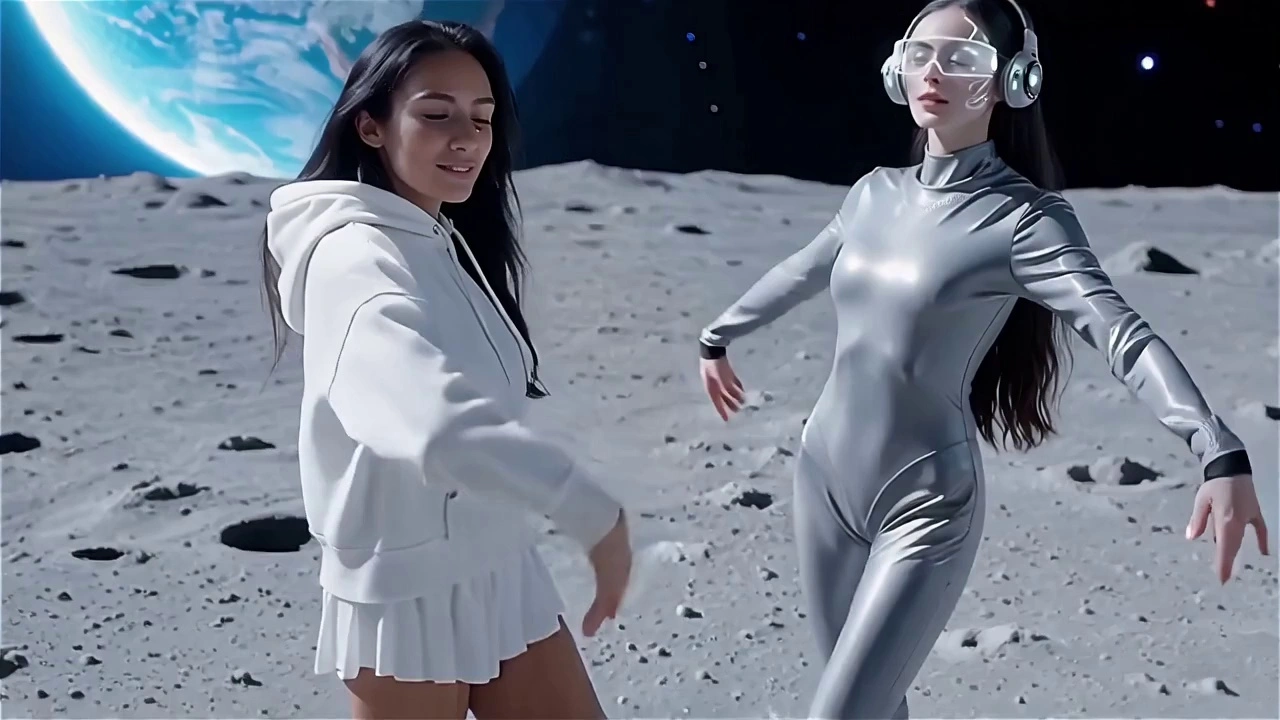 character1 is dancing with character2 on the moon