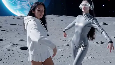 character1 is dancing with character2 on the moon