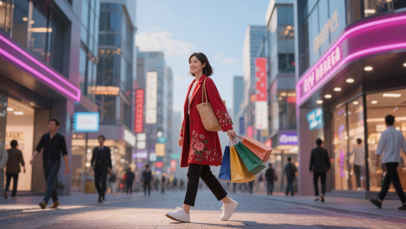 A young woman shopping on a bustling city street, wearing a vibrant red coat with intricate floral embroidery, carrying a woven tote bag filled with colorful shopping bags, walking confidently with a slight smile, surrounded by modern storefronts and neon signs, under a clear blue sky with soft sunlight casting gentle shadows, in a realistic digital art style with high detail, 4K resolution.