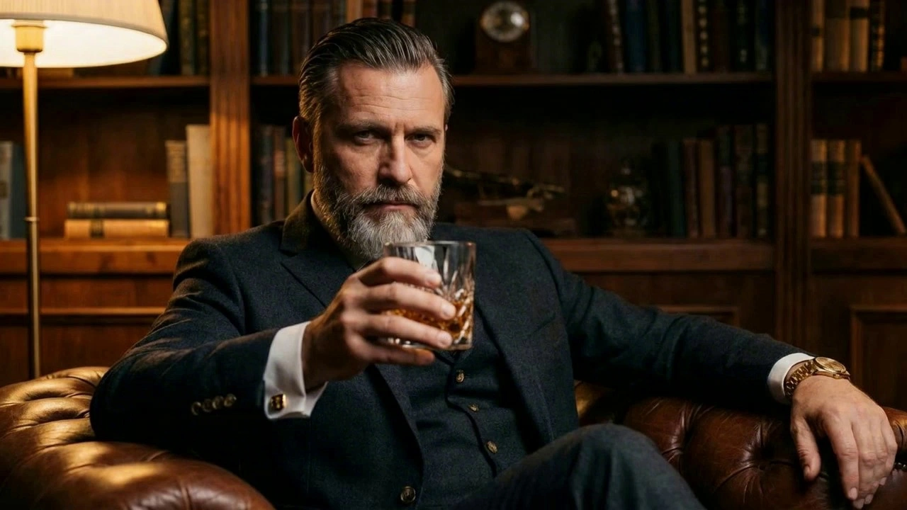 The man in the picture says, "So what are your thoughts?" Then he gives a slightly sly smile, raises his glass, and makes a toasting gesture towards the scene.