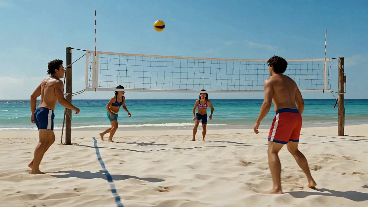 A cinematic wide shot of a sun-drenched beach in the Maldives. A group of energetic young people playing beach volleyball on pristine white sand. The ocean is crystal clear, shimmering in shades of turquoise and azure, with gentle ripples reflecting the bright sunlight. In the background, iconic overwater bungalows and lush palm trees are visible. Action-packed movement with sand splashing as a player jumps for a spike. 8k resolution, photorealistic, shot on 35mm lens, high dynamic range, vibrant colors, fluid motion, masterpiece.