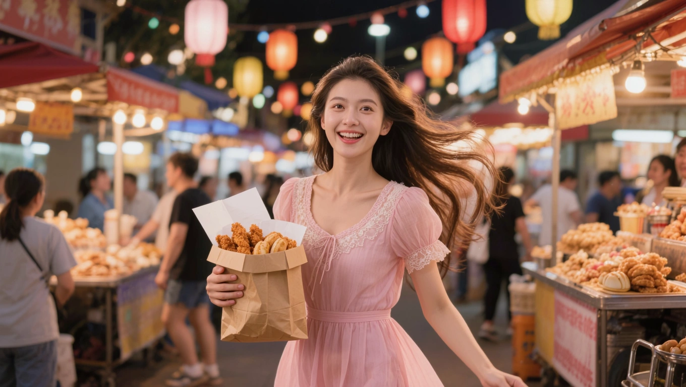 A young woman with long flowing brown hair, wearing a pastel pink dress with lace details, walking happily through a bustling night market illuminated by colorful string lights, holding a paper bag of street food, with a joyful expression on her face, soft warm glow from lanterns creating a lively and inviting atmosphere, in a photorealistic style with high detail, 4K resolution.