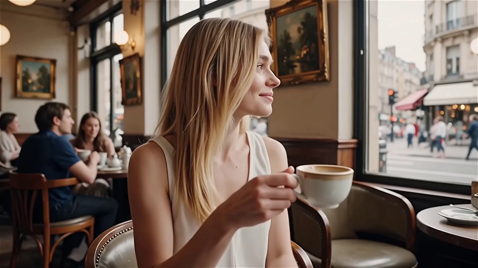 A woman sits in a retro-style upscale coffee shop, holding a cup of coffee. She savors it carefully, a pleased expression on her face, and says, "This coffee is really good."