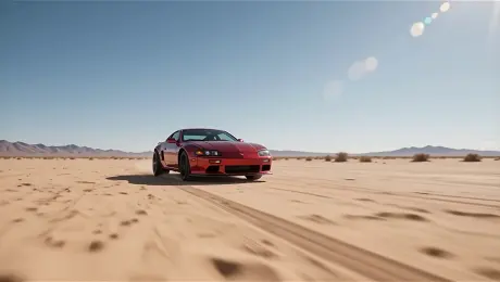 Cinematic tracking shot, a sleek metallic red sports car roaring through a vast, sun-scorched desert. Low-angle camera following closely behind the rear wheels, capturing high-speed rotation and explosive plumes of sand particles kicking up into the air. Intense motion blur, heat haze shimmering off the ground. Realistic physics, 8k resolution, highly detailed car chassis, sharp focus on the flying sand, dramatic sunlight creating long shadows.