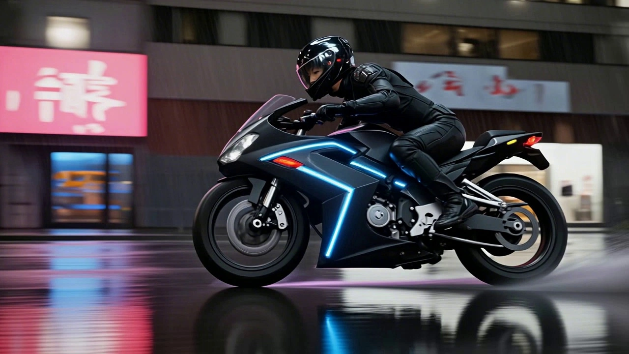 A futuristic cyberpunk female rider on a sleek neon-lit motorcycle, speeding through a rain-slicked Tokyo street at night. The camera follows from a low side angle, capturing the vibrant neon signs reflecting off the wet asphalt and her metallic helmet. Raindrops streak across the lens. High-speed motion blur, intense cyan and magenta lighting, ray-tracing reflections, fluid movement.