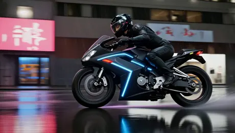 A futuristic cyberpunk female rider on a sleek neon-lit motorcycle, speeding through a rain-slicked Tokyo street at night. The camera follows from a low side angle, capturing the vibrant neon signs reflecting off the wet asphalt and her metallic helmet. Raindrops streak across the lens. High-speed motion blur, intense cyan and magenta lighting, ray-tracing reflections, fluid movement.