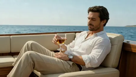 Frame 1: A man reclines on a beige leather seat of a wooden speedboat, holding a crystal glass of amber-colored spirit in one hand. He wears a white linen shirt and beige trousers, sunlight illuminating his watch against a backdrop of calm blue water.

Camera transition: A close-up of his hand, resting on the gunwale, showing his watch. The sunlight highlights the veins in his skin. Warm light and shadow play on his knuckles, the smooth wooden surface below subtly reflecting the outline of his fingers, while the deep blue water is softly blurred.