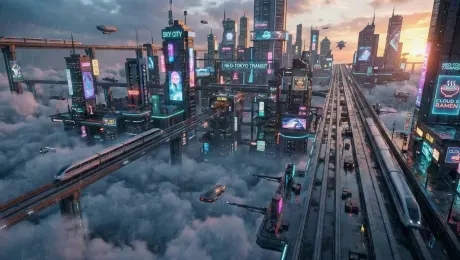 Generate a cinematic transition shot based on the provided first and final frames. First frame: A drone-eye overhead shot of the entire city skyline, with the camera slowly pushing in. Maintain consistent scene color tones throughout the transition. Design a smooth, narrative animation sequence: the camera continues its slow push-in over the panoramic city view, then seamlessly zooms in further to a speeding train. Incorporate soft ambient city sounds in the background. The 8–12 second clip must ensure natural and fluid motion, clean and crisp visuals, and precise audiovisual synchronization.