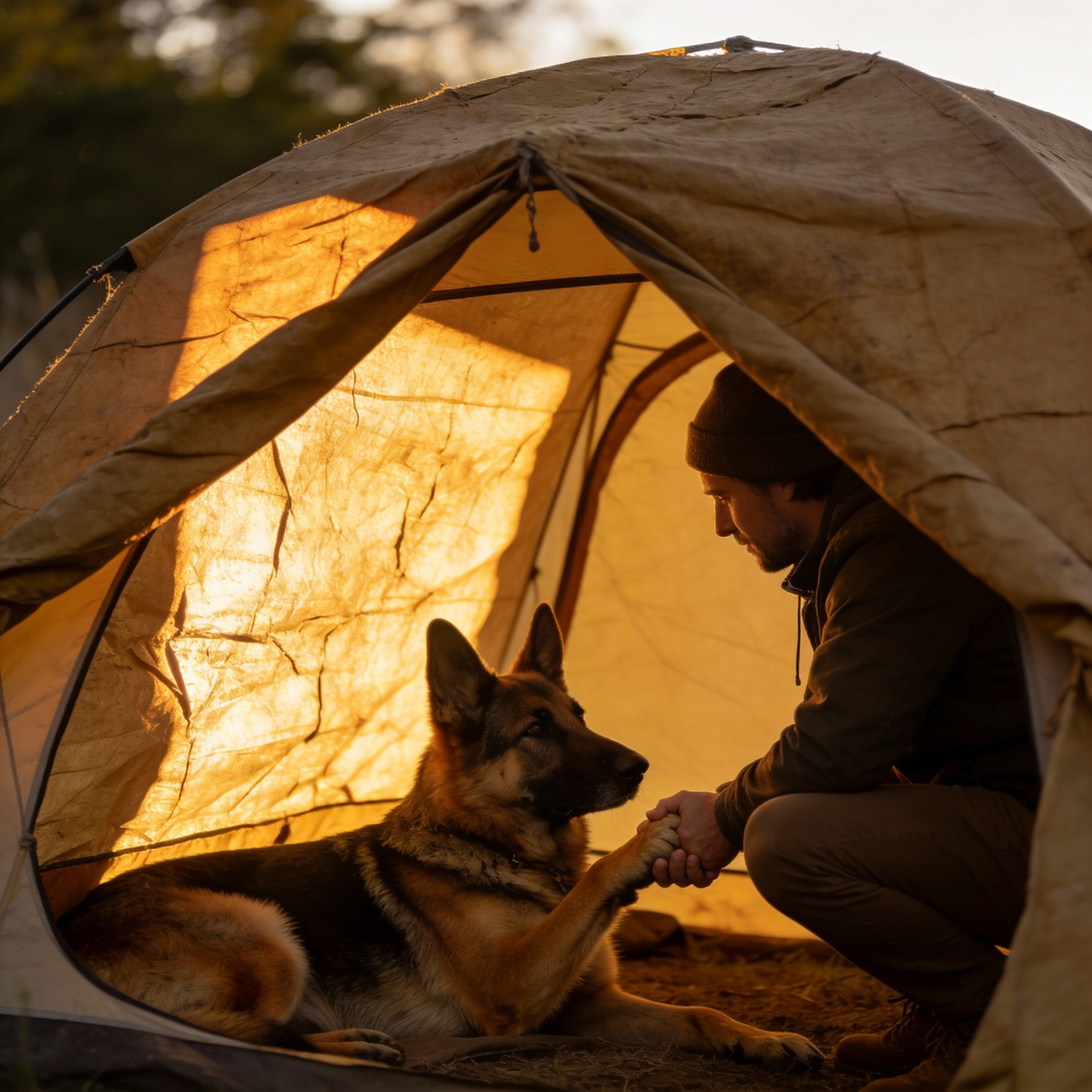 Afternoon side light illuminates the camping tent, withthe rough texture of the tent canvas clearly visible. AGerman Shepherd lies inside; its owner squats down to shake hands with it.