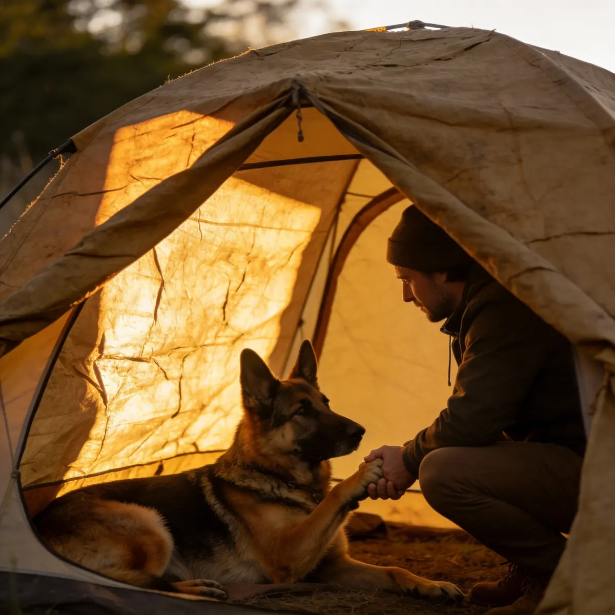 Afternoon side light illuminates the camping tent, withthe rough texture of the tent canvas clearly visible. AGerman Shepherd lies inside; its owner squats down to shake hands with it.