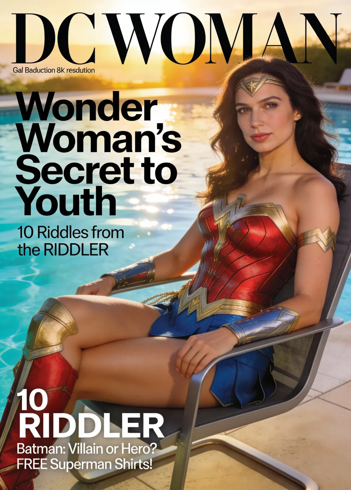 "prompt_type": "magazine_cover",
  "magazine_title": "DC WOMAN",
  "cover_subject": {
    "actor": "Gal Gadot",
    "portrayal": "Wonder Woman",
    "pose": "sitting confidently on a modern pool chair",
    "wardrobe": "iconic Wonder Woman costume, pristine and cinematic",
    "expression": "calm, powerful, and radiant confidence",
    "attractiveness_notes": "balanced facial symmetry, expressive eyes, elegant posture, flattering natural makeup"
  },
  "scene": {
    "location": "luxury outdoor pool",
    "environment": "sunlit poolside with shimmering blue water",
    "time_of_day": "golden afternoon",
    "weather": "clear sky, warm light"
  },
  "composition": {
    "framing": "medium-full body portrait",
    "camera_angle": "eye-level, slightly angled for elegance",
    "lens": "50mm cinematic portrait lens",
    "depth_of_field": "shallow, soft background blur",
    "focus": "sharp focus on subject"
  },
  "lighting": {
    "type": "natural sunlight with soft fill",
    "direction": "side-lit with gentle rim light",
    "mood": "warm, heroic, aspirational"
  },
  "color_palette": {
    "primary": ["red", "blue", "gold"],
    "secondary": ["aqua blue", "sunlit white"],
    "tone": "vibrant yet polished magazine-grade color grading"
  },
  "cover_text": {
    "main_headline": "Wonder Woman’s Secret to Youth",
    "subheadlines": [
      "10 Riddles from the RIDDLER",
      "Batman: Villain or Hero?",
      "FREE Superman Shirts!"
    ]
  },
  "typography": {
    "title_font": "bold modern serif",
    "headline_font": "clean high-contrast sans serif",
    "layout_style": "high-fashion editorial with balanced spacing"
  },
  "quality": {
    "resolution": "8k",
    "detail_level": "ultra-detailed",
    "finish": "glossy premium magazine cover"
  },
  "aspect_ratio": "3:4",
  "negative_prompt": [
    "blurry",
    "low resolution",
    "extra limbs",
    "distorted anatomy",
    "overexposed",
    "harsh shadows",
    "cartoon style",
    "watermarks",
    "text artifacts",
    "logo distortion"
  ]
}