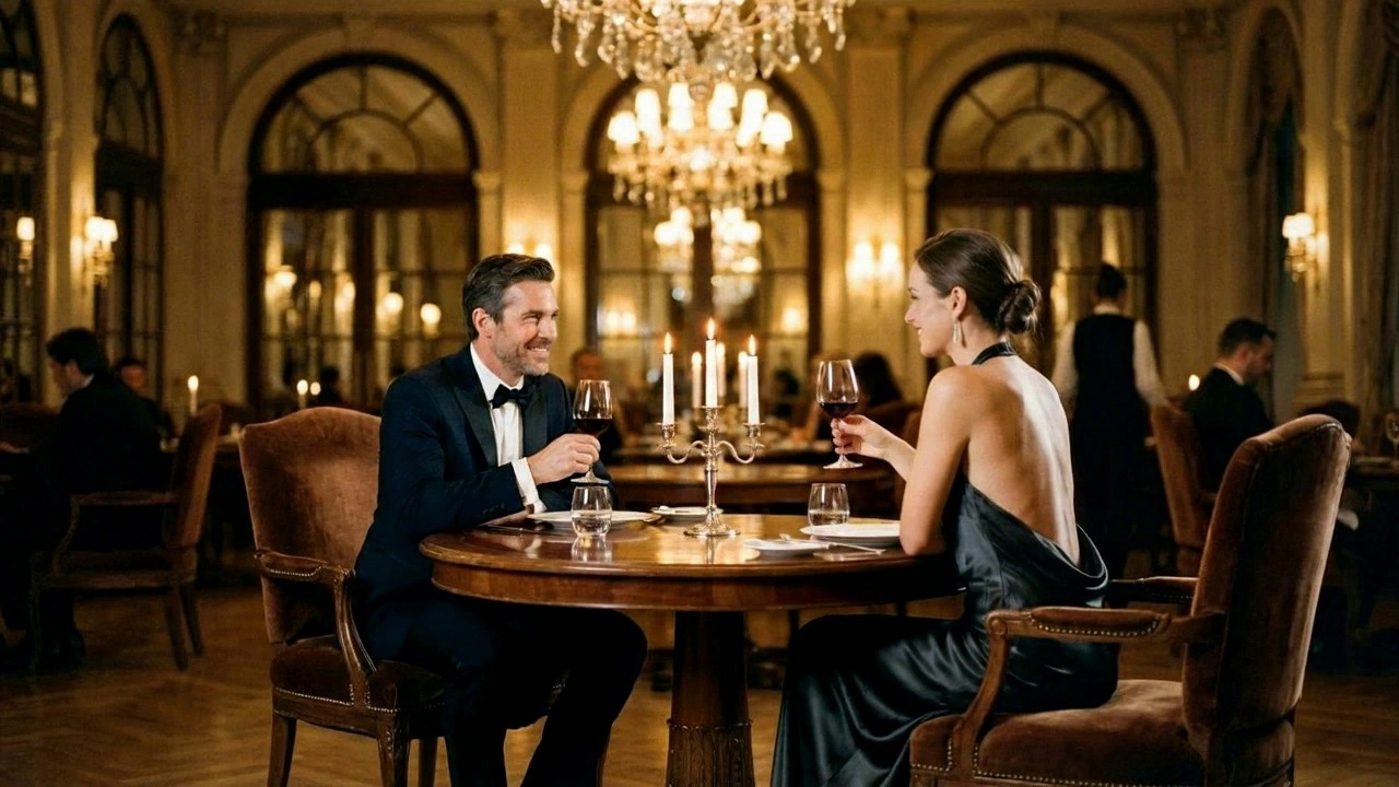 (Camera Movement: A slow, continuous 360-degree cinematic orbit shot) around a handsome man and a beautiful woman having an intimate conversation at a candlelit dinner table in a high-end restaurant. The camera starts from the man's shoulder, smoothly circling to reveal the woman's smiling face as she speaks and gestures gracefully. They are holding wine glasses, and the golden light flickers on their faces. The background features blurred luxury decor and other diners in the distance. The motion is fluid and steady, one continuous take without any cuts, highly realistic skin textures and fabric movement.