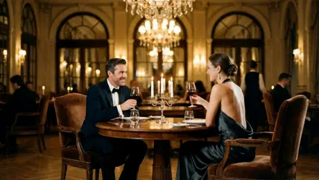 (Camera Movement: A slow, continuous 360-degree cinematic orbit shot) around a handsome man and a beautiful woman having an intimate conversation at a candlelit dinner table in a high-end restaurant. The camera starts from the man's shoulder, smoothly circling to reveal the woman's smiling face as she speaks and gestures gracefully. They are holding wine glasses, and the golden light flickers on their faces. The background features blurred luxury decor and other diners in the distance. The motion is fluid and steady, one continuous take without any cuts, highly realistic skin textures and fabric movement.