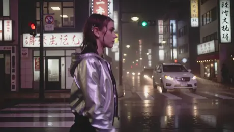 A young woman in a reflective silver jacket walking briskly through a densely packed Shinjuku street, her gaze shifting through the crowd as raindrops glisten on her hair. The environment is a vibrant urban nightscape with towering neon signs in Japanese kanji reflecting intensely off wet asphalt puddles and rain-slicked surfaces. The camera executes a smooth tracking shot at waist height, moving parallel to her pace to maintain a consistent profile view while the background blurred by motion. The lighting is dominated by high-contrast magenta and cyan neon glows, supplemented by warm golden backlighting from distant storefronts and soft rim lighting on her silhouette. Cinematic 35mm film aesthetic with a shallow depth of field, featuring prominent circular bokeh from distant traffic lights and a misty atmosphere that catches the neon glare.