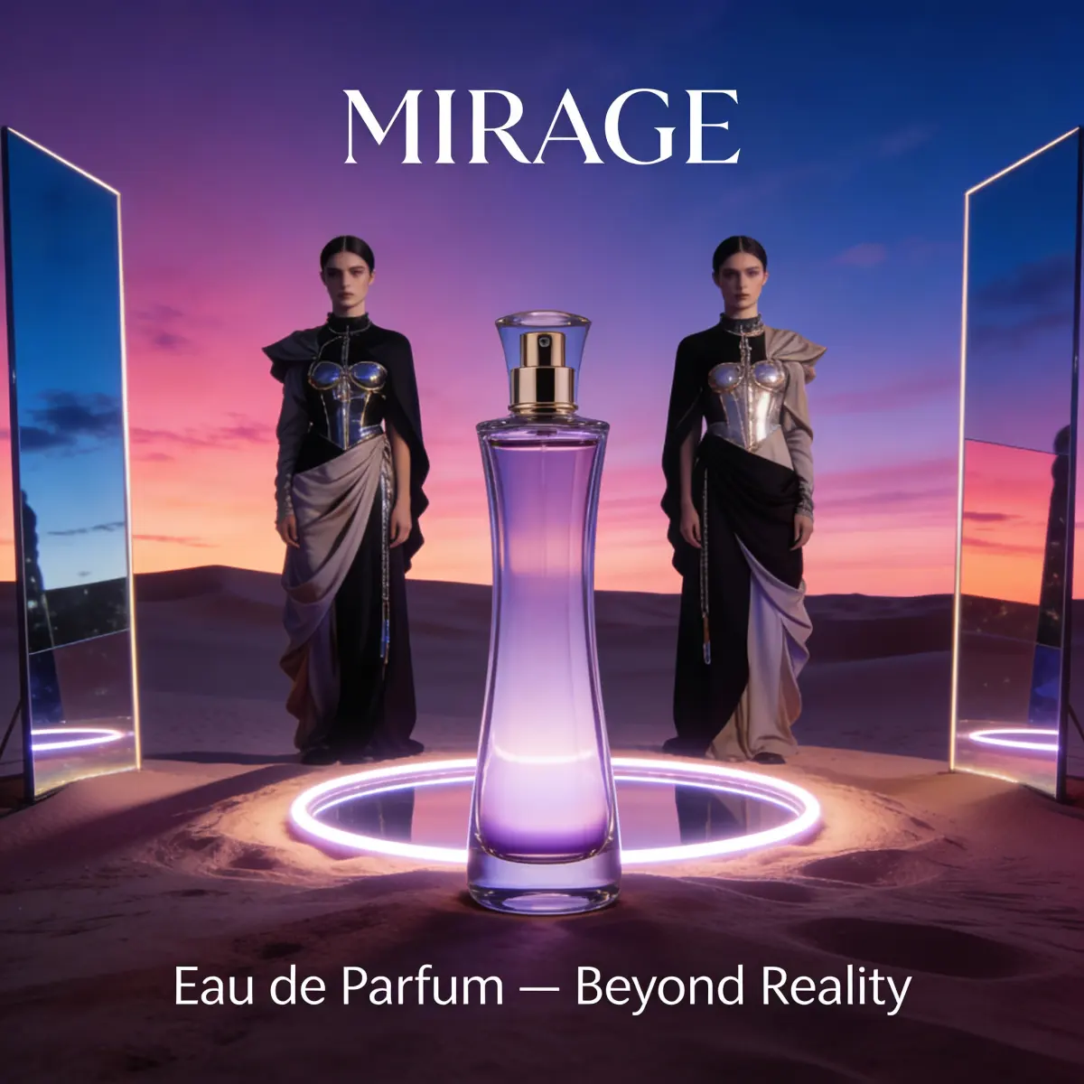 Edit this image into a high-end futuristic fragrance campaign visual, 4K resolution.
Keep the original desert setting, the tall mirrors, and the two models with their sculptural gowns and metallic bodices, preserving their poses and faces.
In the center foreground, between the two models and slightly closer to the camera, add a tall, elegant glass perfume bottle standing on the sand, filled with softly glowing lilac liquid that reflects the neon ring and mirror lights.
Slightly intensify the sunset colors into a richer gradient of pink, lilac, and deep blue, and add subtle glowing edges around the mirrors and circular light on the sand for a more surreal, futuristic mood, while maintaining a realistic photographic look.
At the top center, add the brand name ‘MIRAGE’ in refined serif typography, sharp and clean.
At the bottom, add a small tagline in white sans-serif: ‘Eau de Parfum — Beyond Reality’.
Overall style: luxury fashion fragrance advertisement, cinematic lighting, smooth skin tones, crisp details, no other elements or logos.