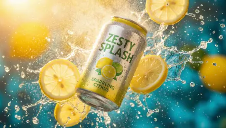 Start with an extreme close-up of bubbles rising as light refracts through them. Quick splash transition into a fast macro shot of lemon slices rotating in mid-air. Match-cut to the hero can crashing through a burst of citrus mist. Add a dynamic 180° camera arc around the can, with droplets flying outward in slow motion. End with a smooth pull-back revealing the full product on a reflective surface with glowing highlights.