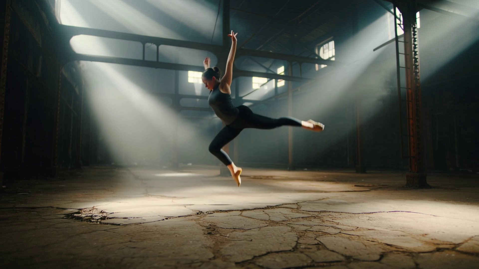 A contemporary dancer in minimalist athletic wear performing fluid, high-velocity expressive movements and sweeping floor work. The scene takes place in a cavernous abandoned warehouse featuring rusted iron rafters and cracked concrete. The camera performs a 360-degree dynamic orbit shot, circling the dancer while tilting to capture the verticality of their leaps. Volumetric light beams stream through high, broken windows, illuminating swirling dust particles and creating high-contrast silhouettes. The visual style is cinematic 4K with a shallow depth of field, sharp textures, and a gritty industrial color palette.