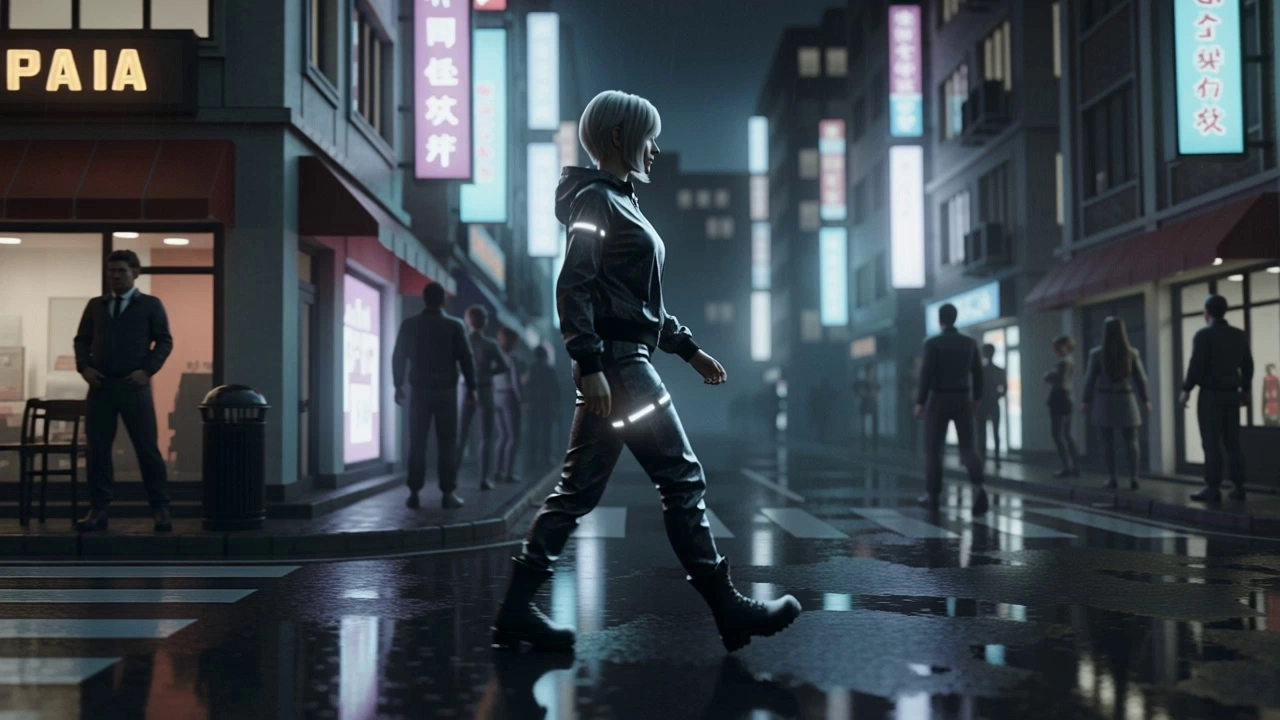 A young woman with short silver hair wearing a reflective techwear jacket walking through the bustling streets of Shinjuku at night, her boots splashing through shallow rain puddles. The camera executes a smooth side-profile tracking shot, maintaining a constant pace with the subject while capturing the movement of the crowd in the background. The environment is saturated with vibrant cyan and magenta neon signage, with light reflecting intensely off wet asphalt surfaces. High-contrast cyberpunk lighting with soft backlighting creates a shallow depth of field and creamy bokeh of city lights. Photorealistic, 8k resolution, cinematic film grain, anamorphic lens flares, 24fps.