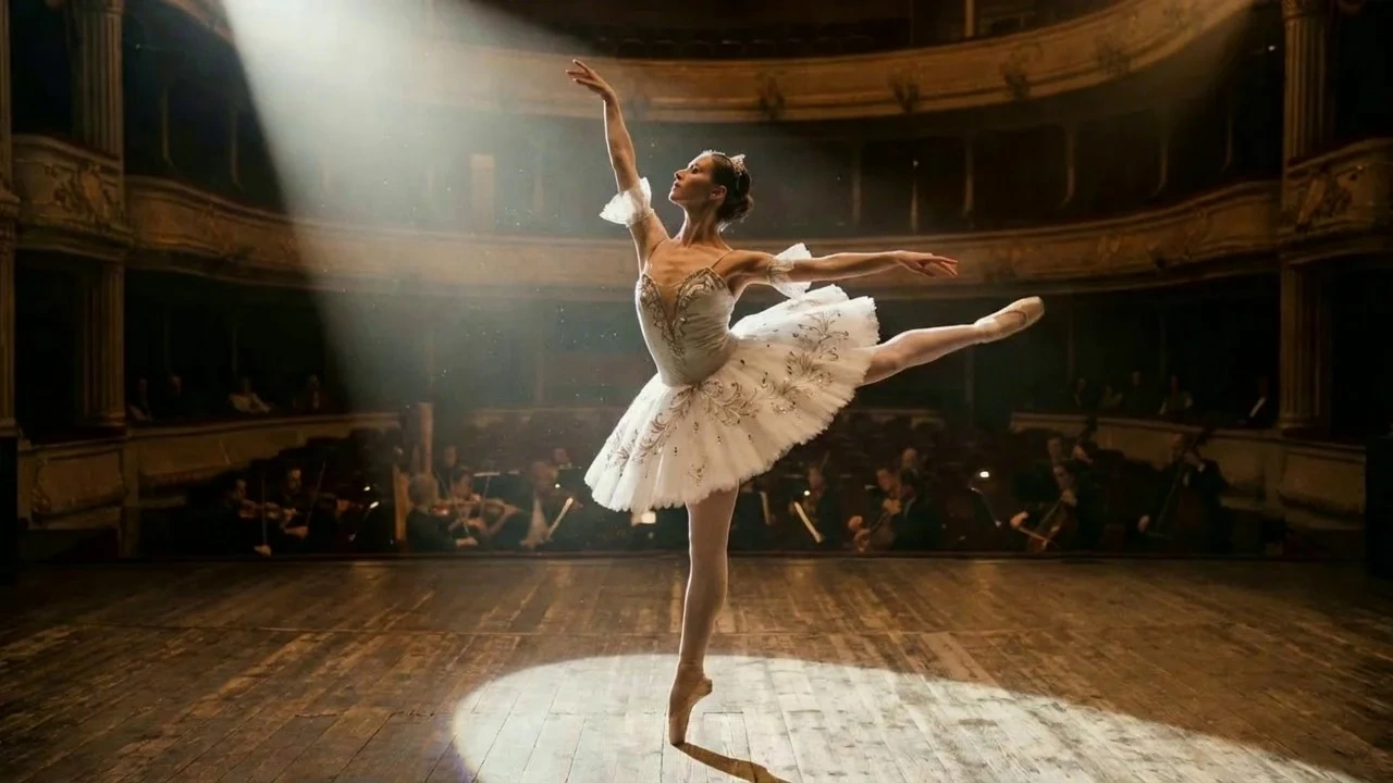 The ballerina from the image comes to life, performing a graceful pirouette followed by a slow, fluid port de bras. Her movements are weightless and professional, with a focus on the delicate extension of her arms and the rhythmic flow of her tutu. The lighting is soft and cinematic, highlighting the muscle definition and the texture of the fabric. High-end stage background with subtle bokeh, 4k, slow motion, elegant atmosphere.