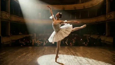 The ballerina from the image comes to life, performing a graceful pirouette followed by a slow, fluid port de bras. Her movements are weightless and professional, with a focus on the delicate extension of her arms and the rhythmic flow of her tutu. The lighting is soft and cinematic, highlighting the muscle definition and the texture of the fabric. High-end stage background with subtle bokeh, 4k, slow motion, elegant atmosphere.