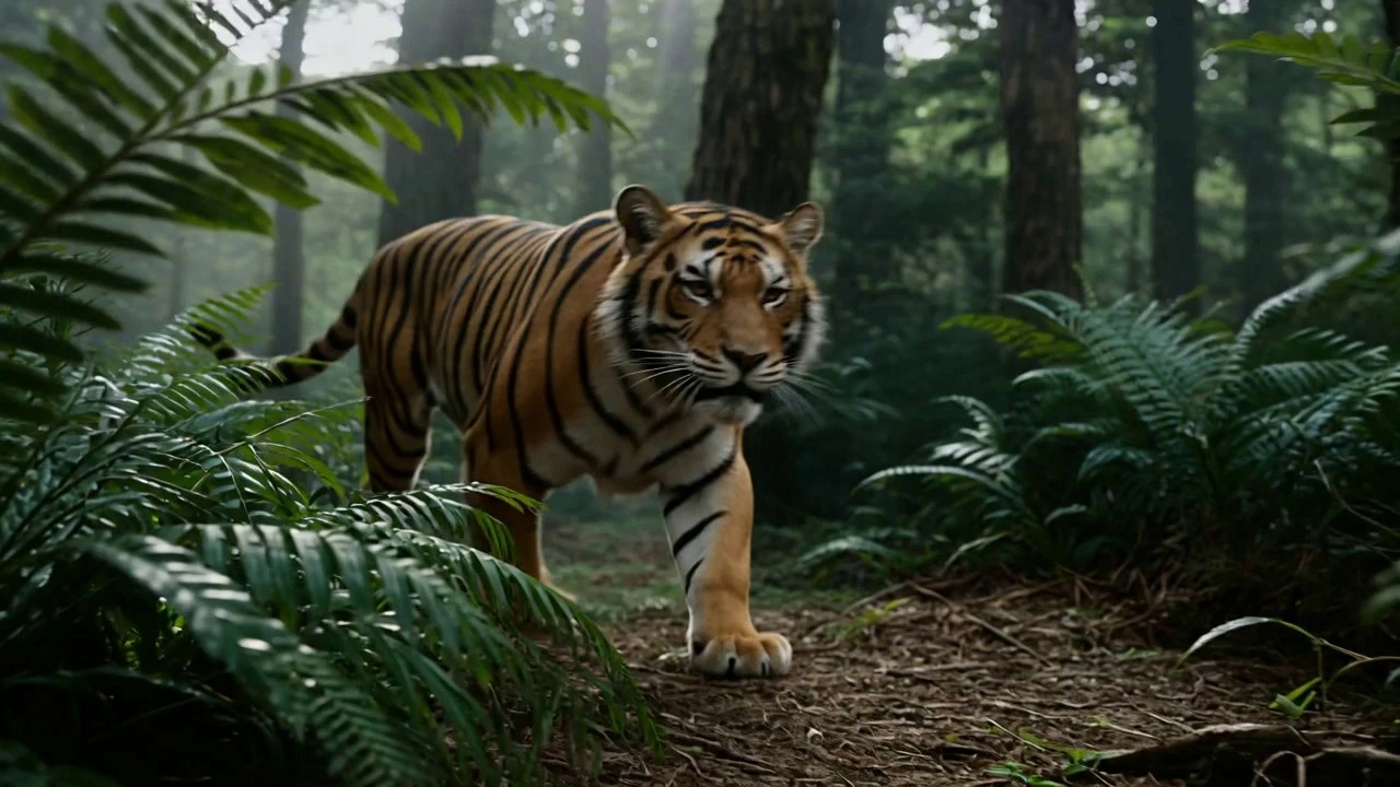A tiger moves stealthily through the dense underbrush of a shadowy jungle, muscles rippling beneath his striped coat. His whiskers twitch as he pauses, sensing movement ahead. Shafts of muted sunlight cut through the canopy, illuminating his narrowed eyes as he crouches low, the air thick with anticipation.