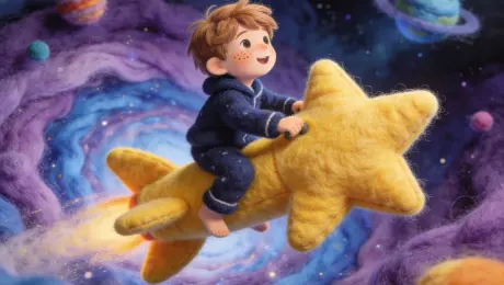 A young boy with light brown hair and freckles, dressed in cozy dark blue pajamas, joyfully riding a giant plush yellow star as a spaceship, soaring through a cosmic landscape made of felt, swirling purple and blue nebulae, small colorful felt planets in the background, full of wonder and adventure, rich textured needle-felt style, handcrafted dreamy quality, dynamic felt-art piece