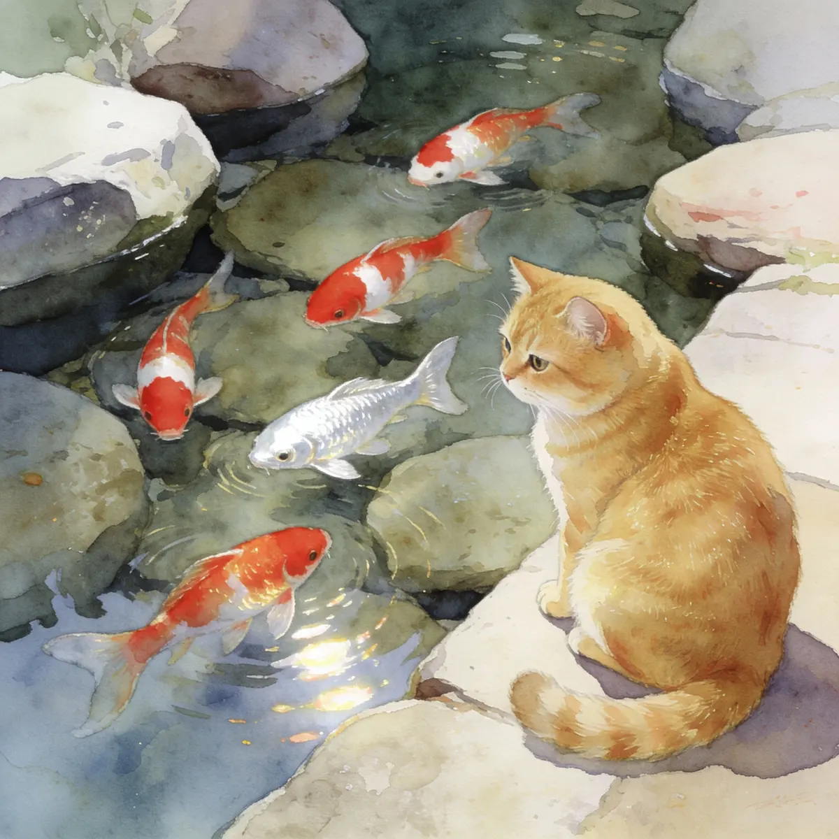 Five shimmering goldfish weave through crevicesbetween stones; four are red-and-white, while one issilver-white.By the pond's edge, a golden shadedBritish Shorthair cat watches them intently, counting onblind luck. Watercolor style