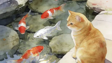 Five shimmering goldfish weave through crevicesbetween stones; four are red-and-white, while one issilver-white.By the pond's edge, a golden shadedBritish Shorthair cat watches them intently, counting onblind luck. Watercolor style