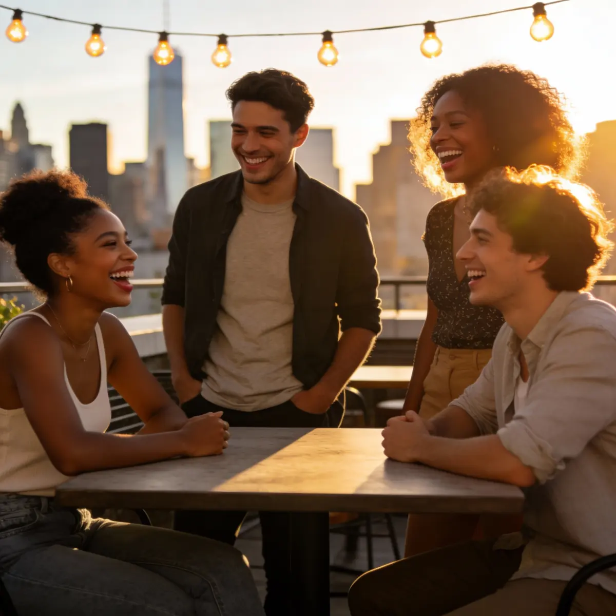 Golden hour rooftop gathering, 16:9, 4K.
A group of four friends with diverse skin tones sit and stand around a low table on a city rooftop café, laughing and talking, no visible brands or logos. Use the provided reference portraits (if any) to keep their faces, hairstyles and outfits consistent.
Warm sunlight from the side, soft rim light on hair and shoulders, blurred city skyline in the background, string lights glowing above.
Casual modern outfits with natural wrinkles and fabric texture, realistic skin details, subtle makeup.
Cinematic lifestyle photography, shallow depth of field, slight film grain, clean composition, publish-ready campaign image.