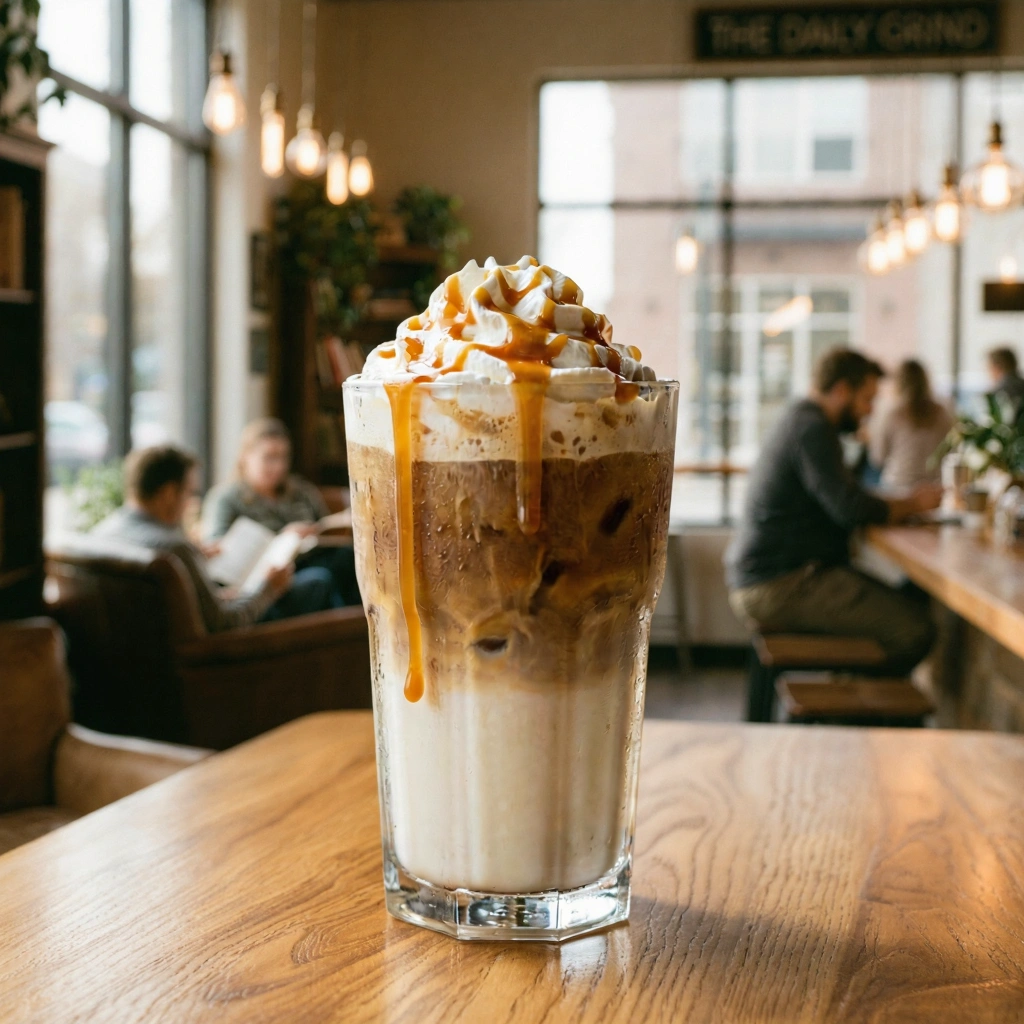 A cozy modern coffee shop interior with warm ambient lighting and wood textures. On the table, place a clear glass iced latte topped with whipped cream and caramel drizzle. The drink should look naturally photographed within the environment, with realistic reflections and subtle depth of field.